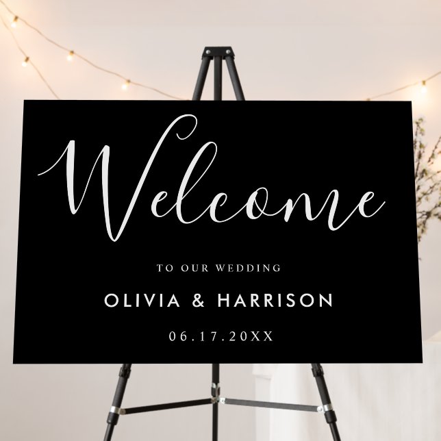 Elegant Script Black White Wedding Welcome Sign (In Situ (Stand))