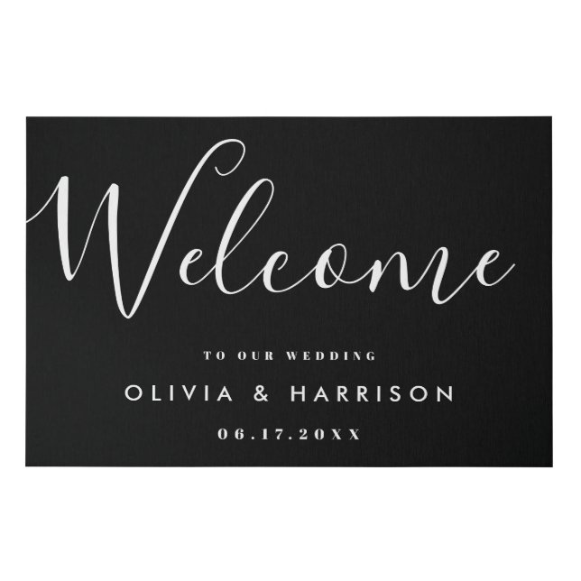 Elegant Script Black White Wedding Welcome Sign (Front)