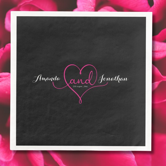 Elegant Script Black with Pink Heart Wedding  Paper Dinner Napkins (Creator Uploaded)