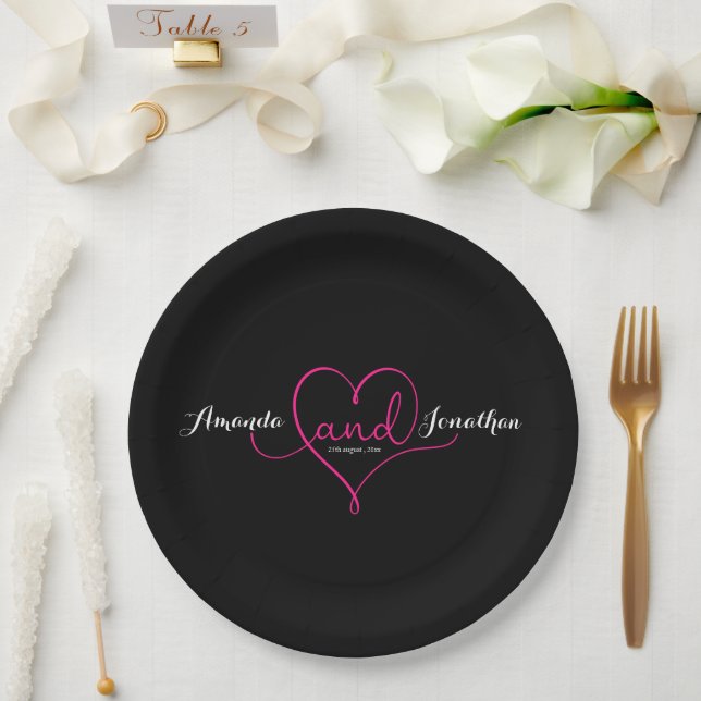 Elegant Script Black with Pink Heart Wedding  Paper Plates (Wedding)