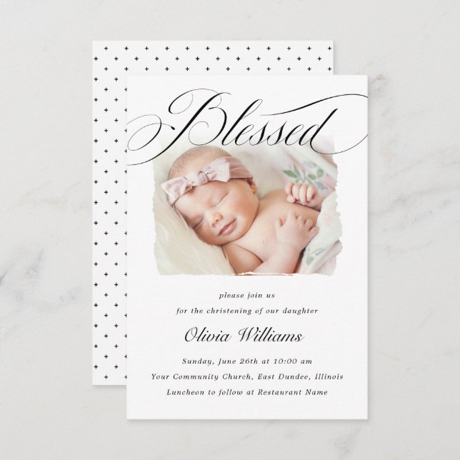 Elegant Script Blessed Christening Baptism Photo I Invitation (Front/Back)