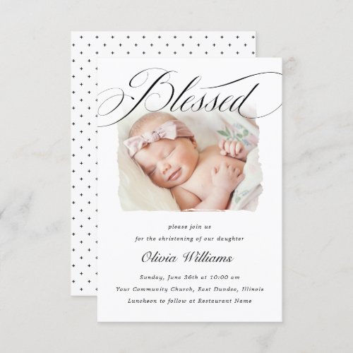 Elegant Script Blessed Christening Baptism Photo I Invitation