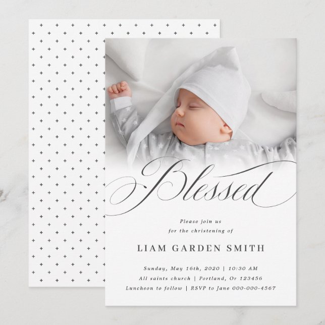 Elegant Script Blessed Christening Baptism Photo   Invitation (Front/Back)