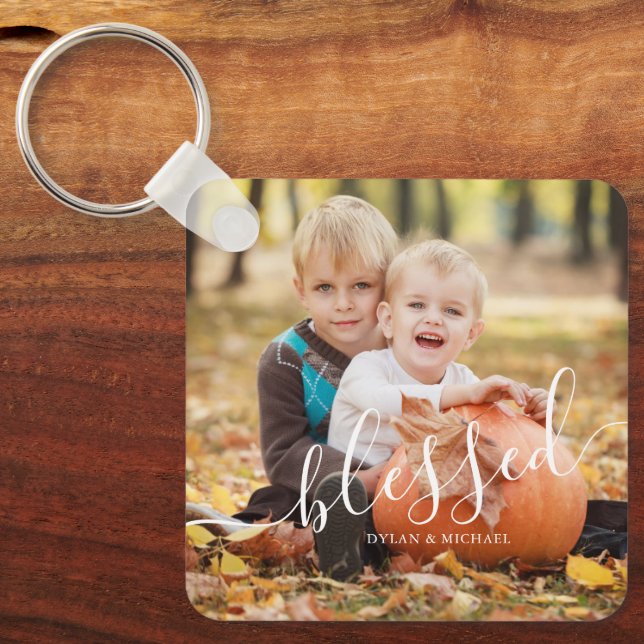 Elegant Script "Blessed" Custom Photo Keychain (Front)