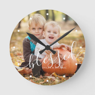 Elegant Script "Blessed" Custom Photo Round Clock