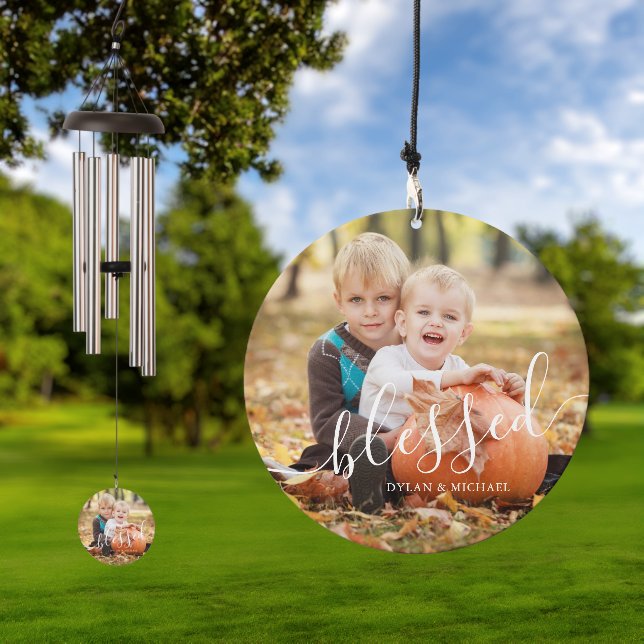 Elegant Script "Blessed" Custom Photo Wind Chime (Outdoor)