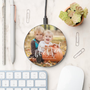 Elegant Script "Blessed" Custom Photo Wireless Charger