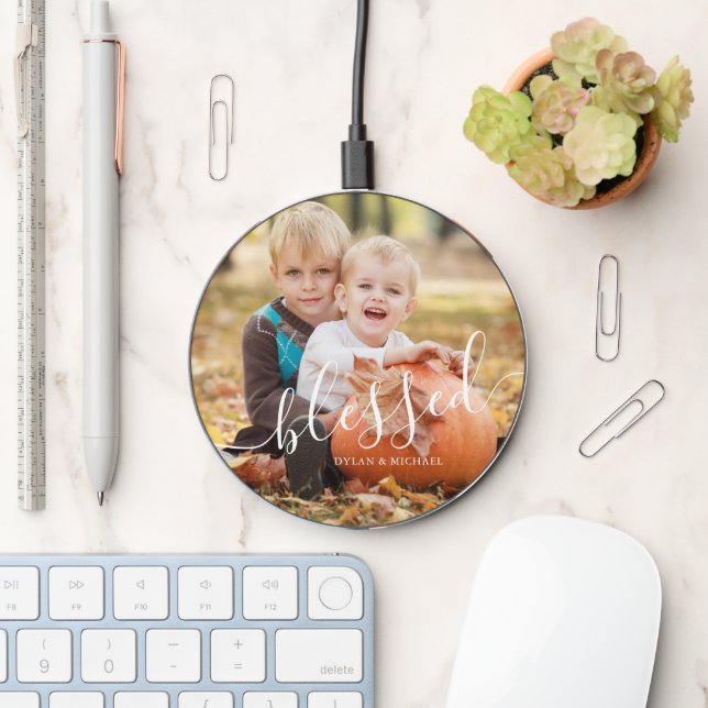 Elegant Script "Blessed" Custom Photo Wireless Charger (Desk)