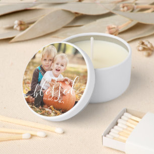 Elegant Script "Blessed" Photo Mini Candle Favors