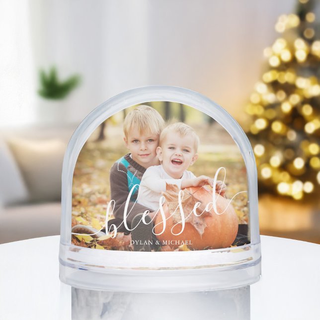 Elegant Script "Blessed" Photo Snow Globe (Creator Uploaded)