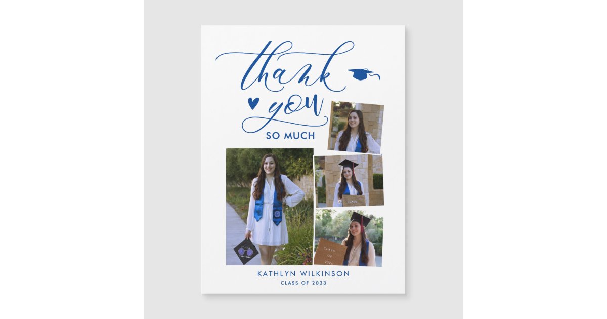 Elegant Script Blue 4 Photo Graduation Thank You | Zazzle