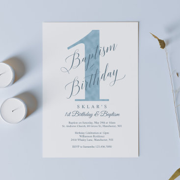 Elegant Script Blue Baby's 1st Birthday & Baptism Invitation