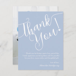 Elegant Script Blue Boy Baby Shower Photo Thank You Card