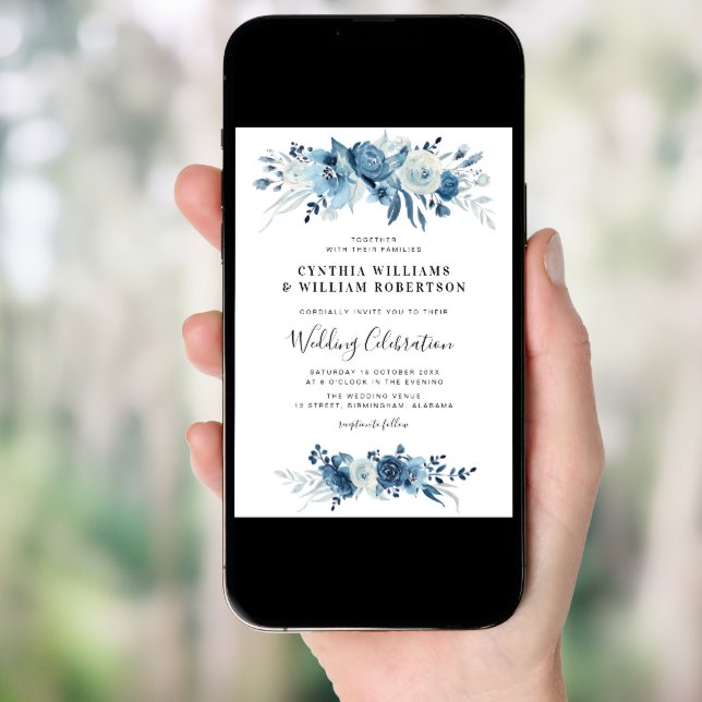 Elegant script blue floral wedding invitation (Front Digital)