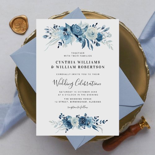 Elegant script blue floral wedding invitation