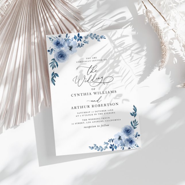 elegant script blue floral wedding invitation (Creator Uploaded)