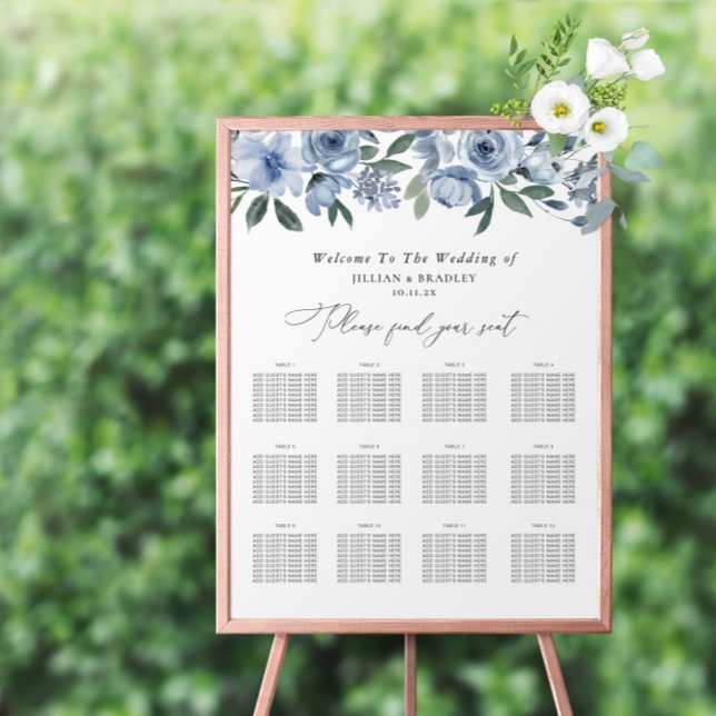 elegant script blue floral wedding seating chart foam board (Creator Uploaded)
