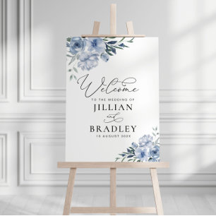 elegant script blue floral wedding welcome sign