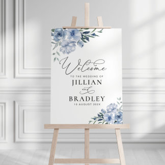elegant script blue floral wedding welcome sign