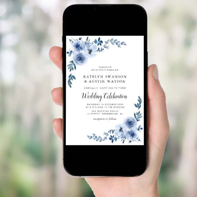 Elegant script blue flowers wedding invitation (Front Digital)