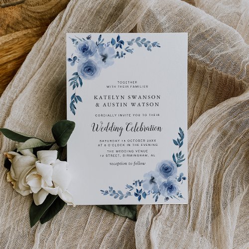 Elegant script blue flowers wedding invitation