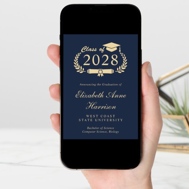 Elegant Script Blue Gold College Graduation Announcement (Front Digital)