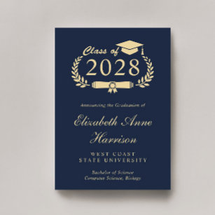 Elegant Script Blue Gold College Graduation Announcement