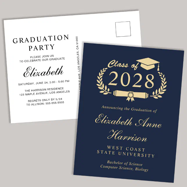 Elegant Script Blue Gold College Graduation Party Invitation Postcard ...