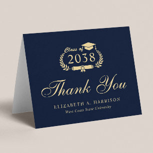 Elegant Script Blue Gold Graduation Letterpress Thank You Card