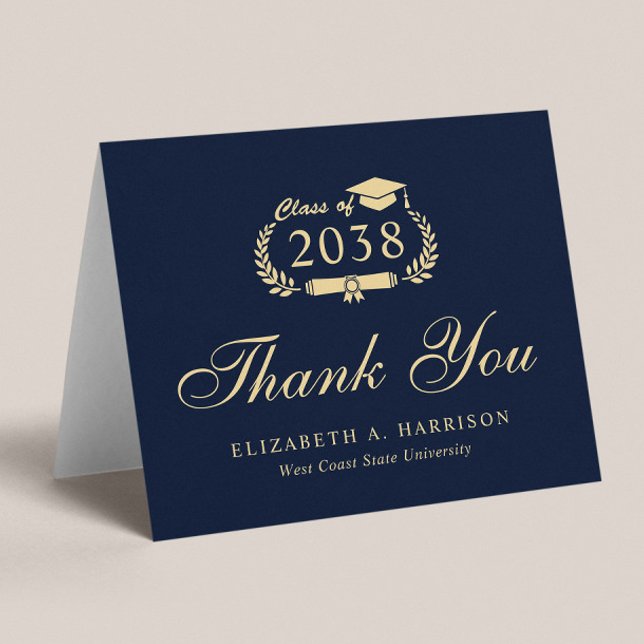 Elegant Script Blue Gold Graduation Letterpress Thank You Card (An elegant photo graduation thank you card to show gratitude to friends and family for their support)