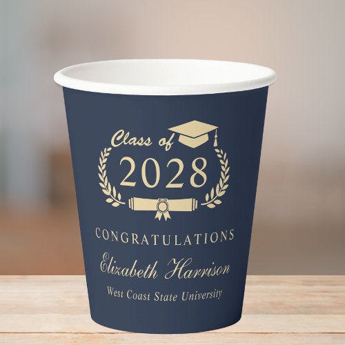 Elegant Script Blue Gold Graduation Paper Cups