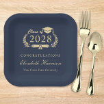 Elegant Script Blue Gold Graduation Paper Plates<br><div class="desc">Elegant dark blue graduation party paper plates featuring "Class of" in a light gold illustration of laurel wreath incorporating a grad cap and diploma,  the graduate's name in a stylish light gold script,  and "Congratulations" and their school name in modern light gold typography.</div>