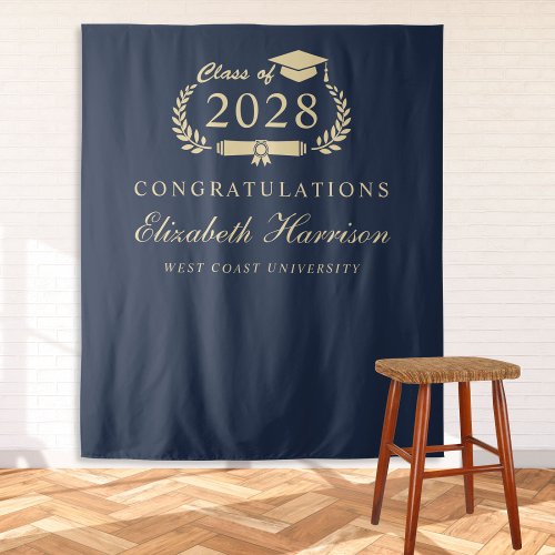 Elegant Script Blue Gold Graduation Party Welcome Tapestry
