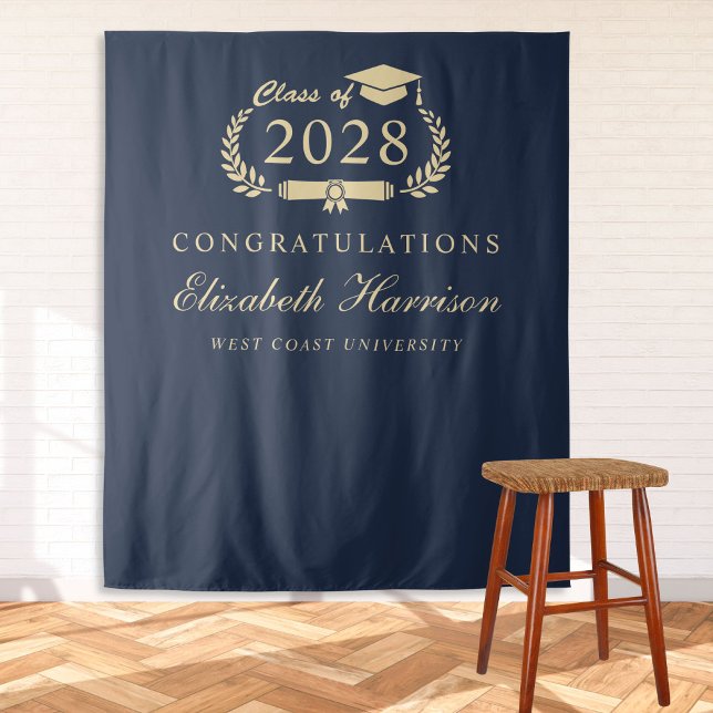 Elegant Script Blue Gold Graduation Party Welcome Tapestry (Creator Uploaded)