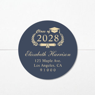 Elegant Script Blue Gold Graduation Return Address Classic Round Sticker