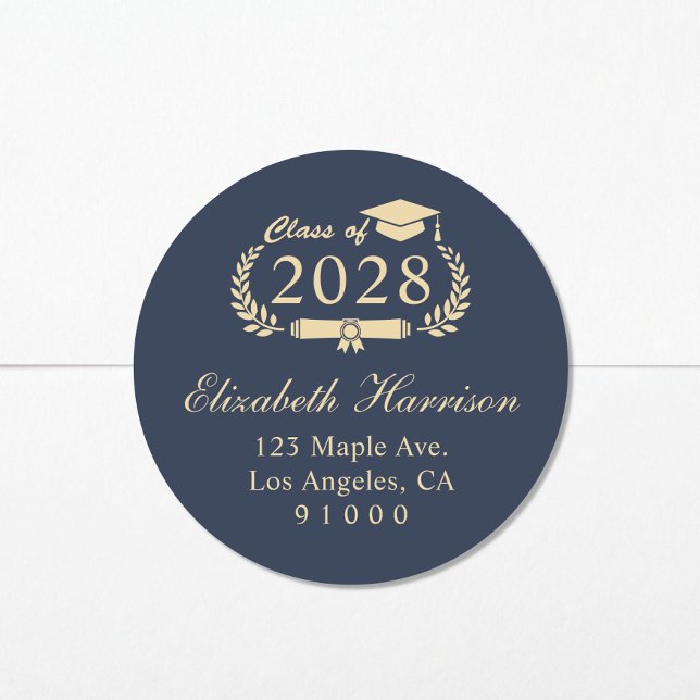 Elegant Script Blue Gold Graduation Return Address Classic Round Sticker (Creator Uploaded)