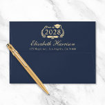 Elegant Script Blue Gold Graduation Return Address Envelope<br><div class="desc">Elegant dark blue graduation return address envelope. The back flap features "Class of" and the year in a light gold illustration of laurel wreath with a grad cap and diploma and the graduate's name in a light gold script and address in light gold modern typography.</div>