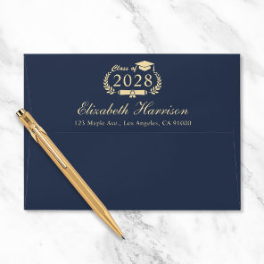 Elegant Script Blue Gold Graduation Return Address Envelope