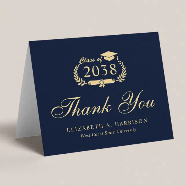 Elegant Script Blue Gold Graduation Thank You Card | Zazzle