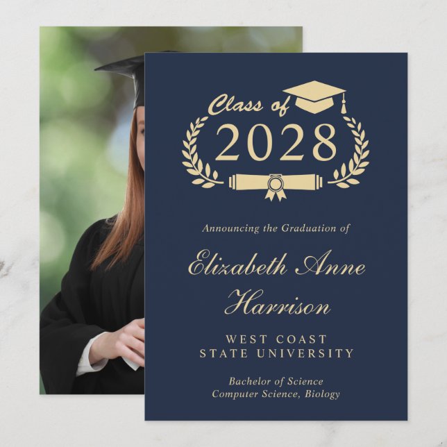 Elegant Script Blue Gold Photo College Graduation Announcement | Zazzle Elegant Script Blue Gold Photo College Graduation Announcement | Zazzle