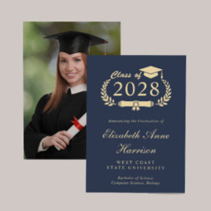 Elegant Script Blue Gold Photo College Graduation Announcement