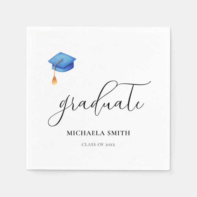Elegant Script Blue Graduate Cap Graduation Party Napkins (Front)