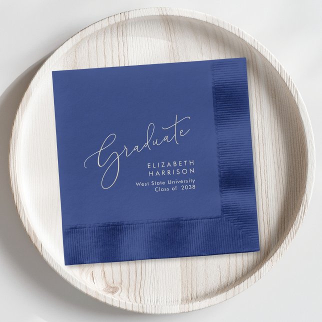 Elegant Script Blue Graduation Party Foil Napkins (Elevate your graduation party decor with these classic and elegant blue and silver foil napkins)