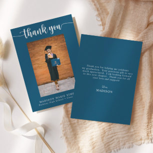 Elegant Script Blue Graduation Photo Thank You Note Card