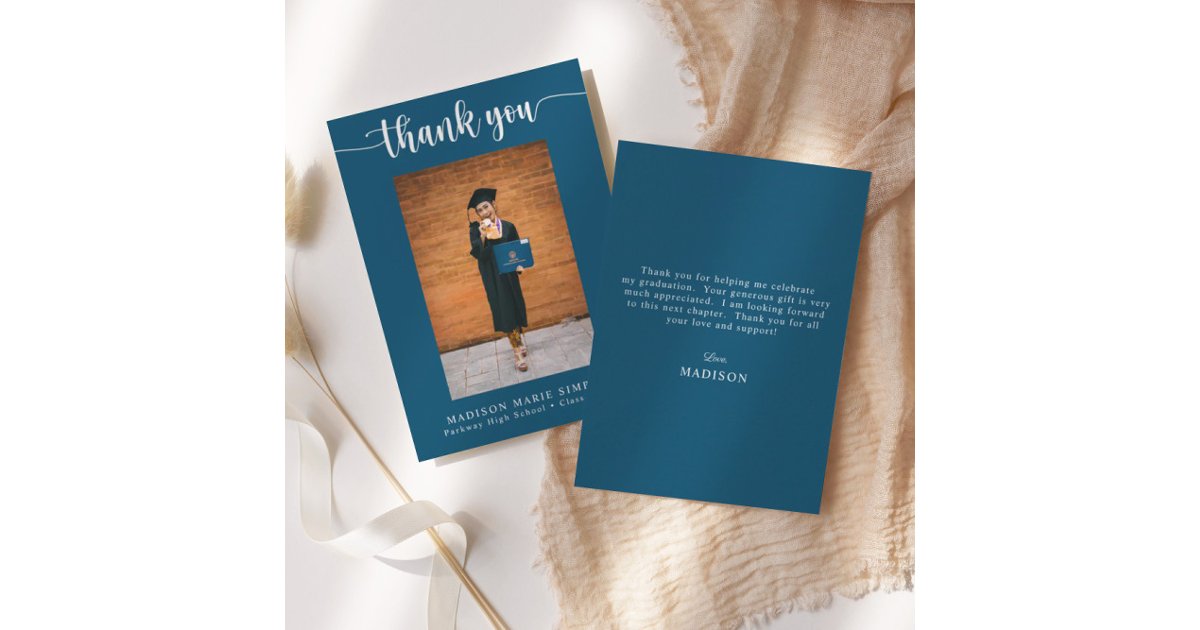 Elegant Script Blue Graduation Photo Thank You Note Card | Zazzle
