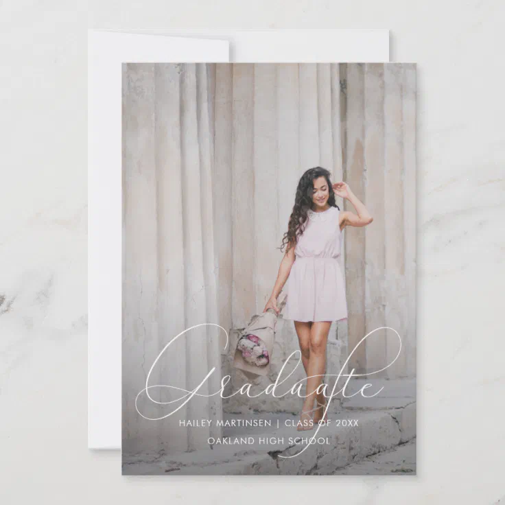 Elegant Script Blue Gray Photo Graduation Party Invitation