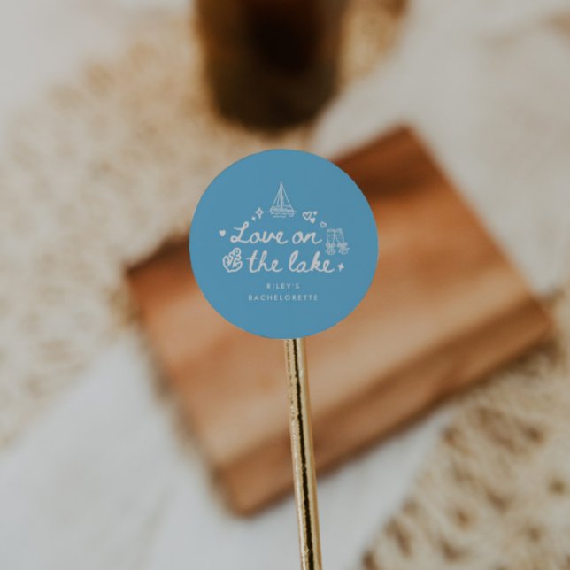 Elegant Script Blue Lake Bachelorette Party Classic Round Sticker (Creator Uploaded)