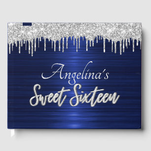 Elegant Script Blue Metallic Silver Glitter Guest Book