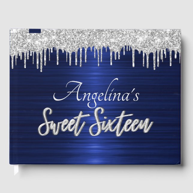 Elegant Script Blue Metallic Silver Glitter Guest  Book (Front)