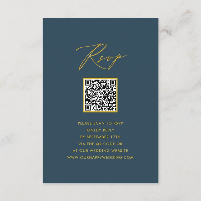 Elegant Script Blue Minimalist QR Wedding RSVP Enclosure Card (Front)